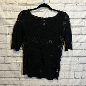Black Lace and Mesh Semi Sheer Top
